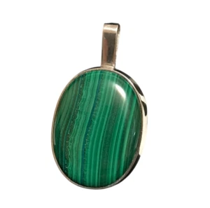 Sterling Silver Malachite Green Stone 925 Large Oval Pendant Stamped Vintage 23g - Picture 1 of 7
