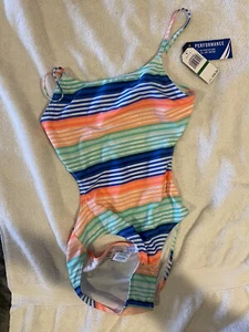 Nautica New Bright Melon Striped 1pc Swimsuit girls L 12 / 14 MSRP $39.50 NWT - Picture 1 of 3