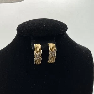 BEAUTIFUL 14K Two Tone Gold 0.20CTW Diamond Braided HOOP CROSSOVER Earrings 6.2g - Picture 1 of 12