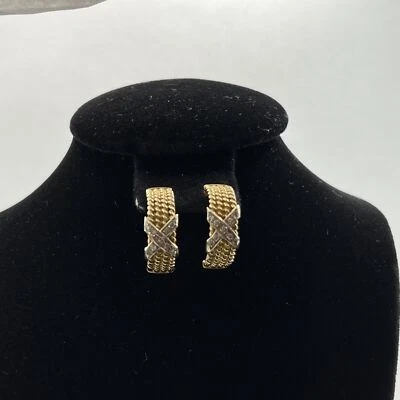 BEAUTIFUL 14K Two Tone Gold 0.20CTW Diamond Braided HOOP CROSSOVER Earrings 6.2g - Image 1 of 4