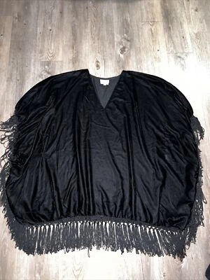 Poncho vintage ASA Kaftan negro con flecos terciopelo bruja capa gótica talla XL vacaciones Foto 1 de 4