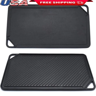 Reversible Cast Iron Griddle Pan Double Sided Flat Ribbed Ideal BBQ Cooking New - Image 1 of 4