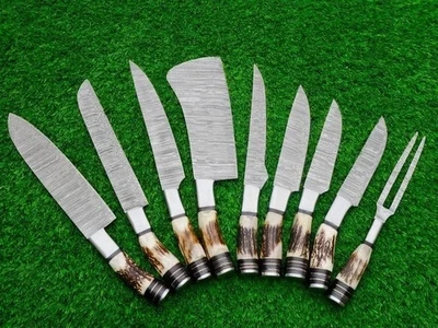Handmade Damascus Chef Knife Set 9pcs Antler Handle with Leather Roll - Image 1 of 4