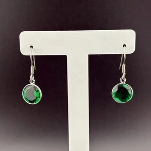 925 Sterling Silver Emerald Green Glass Crystal Bezel Set Pierced Earrings  - Picture 1 of 7
