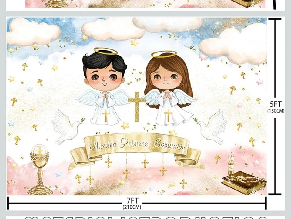 Telón de fondo de bautismo de 7x5 pies para gemelos Nuestra Primera Comunión decoración pancarta Foto 1 de 1
