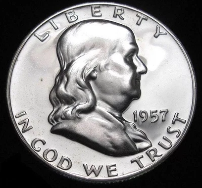 Moneda de plata Franklin 1957 medio dólar gema prueba explosión blanca muy brillante #118 Foto 1 de 2