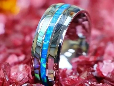 Cúpula azul Avalon de acero inoxidable de 8 mm para hombre pulida con lentejuelas Mosiac talla 13 Foto 1 de 4