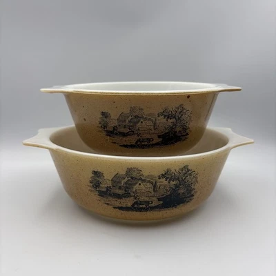 2 x Pyrex Casserole Bowl Dish Speckled Brown The Mill Pattern Design Vintage - Image 1 of 4