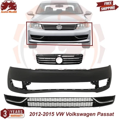 Front Bumper Cover & Upper & Lower Grille Kit For 2012-2015 Volkswagen Passat Foto 1 de 4