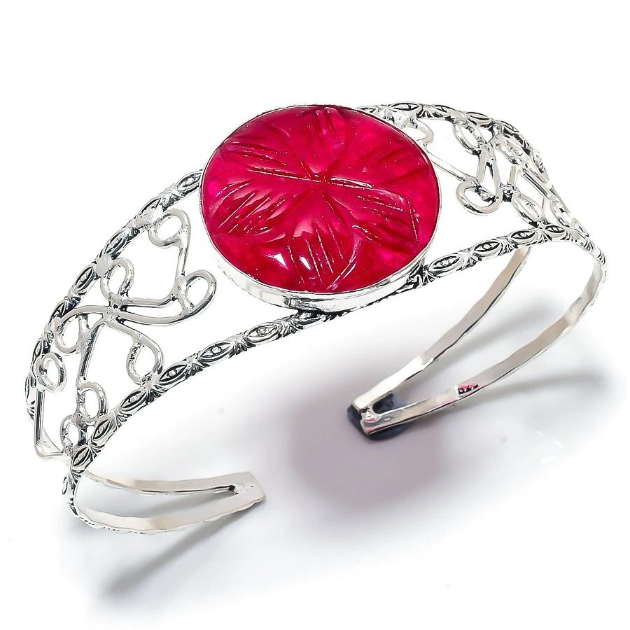 Ruby(Simulated) Gemstone Handmade 925 Silver Cuff Bracelet Adjustable R-5086 - Image 1 of 1