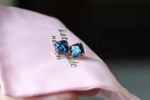 Kate Spade New York Small Square Mini Glitter Stud Earrings Gold Dark Blue - Picture 1 of 7
