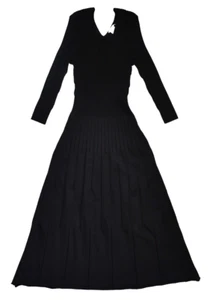 $735 NEW WOLFORD Solid Black MERINO RIB V-NECK A-Line SWEATER Dress L - Picture 1 of 16