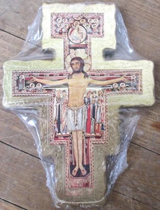 San Damian San Damiano Vintage Unused Wood Cross, Jesus Gold Made in Italy - Picture 1 of 3