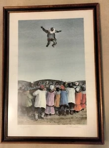 Aquarell Kunst Gemälde Eskimos Traditional Blanket Toss Alaska Nalukataq 1984 - Bild 1 von 4