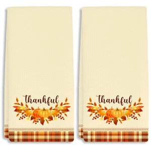 Orange Buffalo Plaid Pumpkin Leaves Fall Kitchen Towels Dish Towels Dishcloth... - Picture 1 of 7