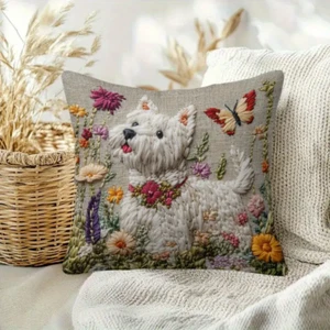 X2 West Highland Terrier Kissenbezug 45 cm Handarbeit Botanische Kunststickerei - Bild 1 von 9