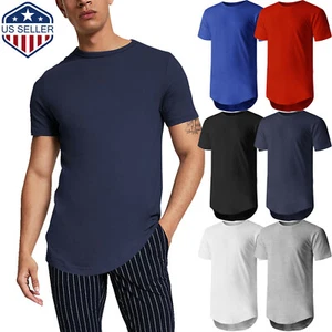 Mens Longline T Shirts HIPSTER Tee Hip Hop Crewneck Casual Basic Cotton Slim Fit - Picture 1 of 32