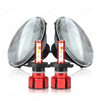 7" Stock Glass Lens Metal Headlight 6v 6-Volt 6k LED H4 Light Bulb Headlamp Pair - Image 1 of 4