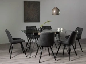 Bentley Designs Miro Glass Table & 6 Seurat Dark Grey Chairs