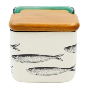 Portuguese Ceramic Salt Holder with Sardine Design and Wooden Lid - Picture 1 of 5