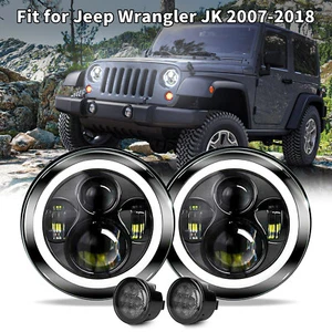 Pair Black 7" Halo LED Headlights + Turn Signal Lamps For Jeep Wrangler JK 2007+ - Picture 1 of 14