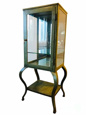 Antique American Metal Medical Glass Display Cabinet Cabriole Legs Mirror Green Cover