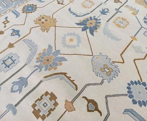 Modern Oushak Hand Knotted Floral Rug 10x14 Ivory Blue 100% Wool Carpet for Home - Bild 1 von 10