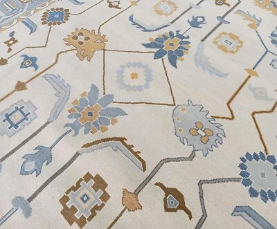 Modern Oushak Hand Knotted Floral Rug 10x14 Ivory Blue 100% Wool Carpet for Home - Image 1 of 4