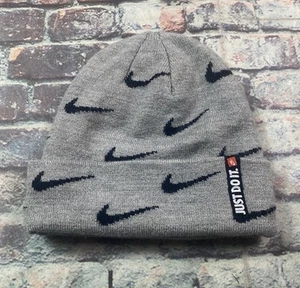 Nike Beanie Youth One Size Fits All Gray Black Winter Hat Logo Swoosh - Picture 1 of 6