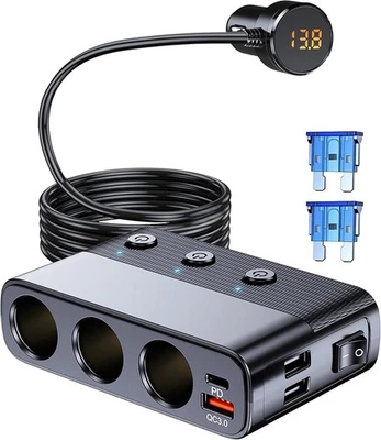 HOMEGARDEN_USSTORE 3 Way 12V/24V USB Car Cigarette Lighter Socket Splitter Power Adapter Charger