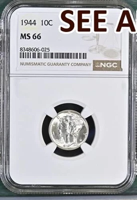 NobleSpirit 1944 10¢ Silver Mercury Dime NGC MS 66 - Image 1 of 2
