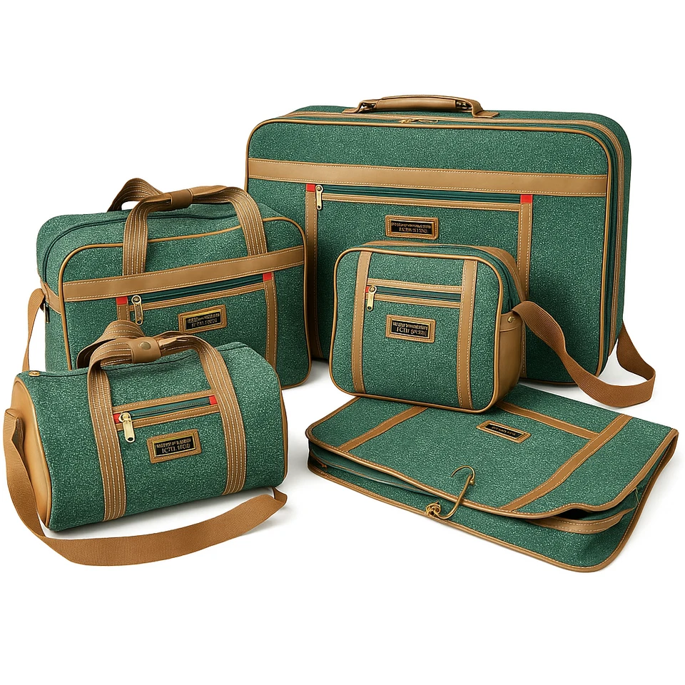 Oscar de la Renta Studio 5 件套绿色粗花呢复古行李箱套装旅行包 — 第 1/4 张图片