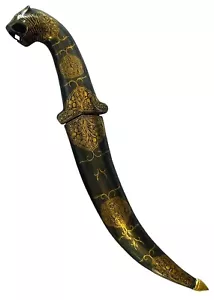 Indo Persian Damascus Gold Wire Worked Lion Face Dagger with Scabbard 12 Inches - Picture 1 of 10