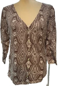 Talbots 100% Pima Cotton Buton Up Cardigan M Brown & White Paisley Lightweight - Picture 1 of 5