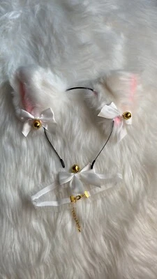 Anime Furry Faux Fur Cat Fox Ears Headband Lolita Choker Cos Costume White - Image 1 of 2