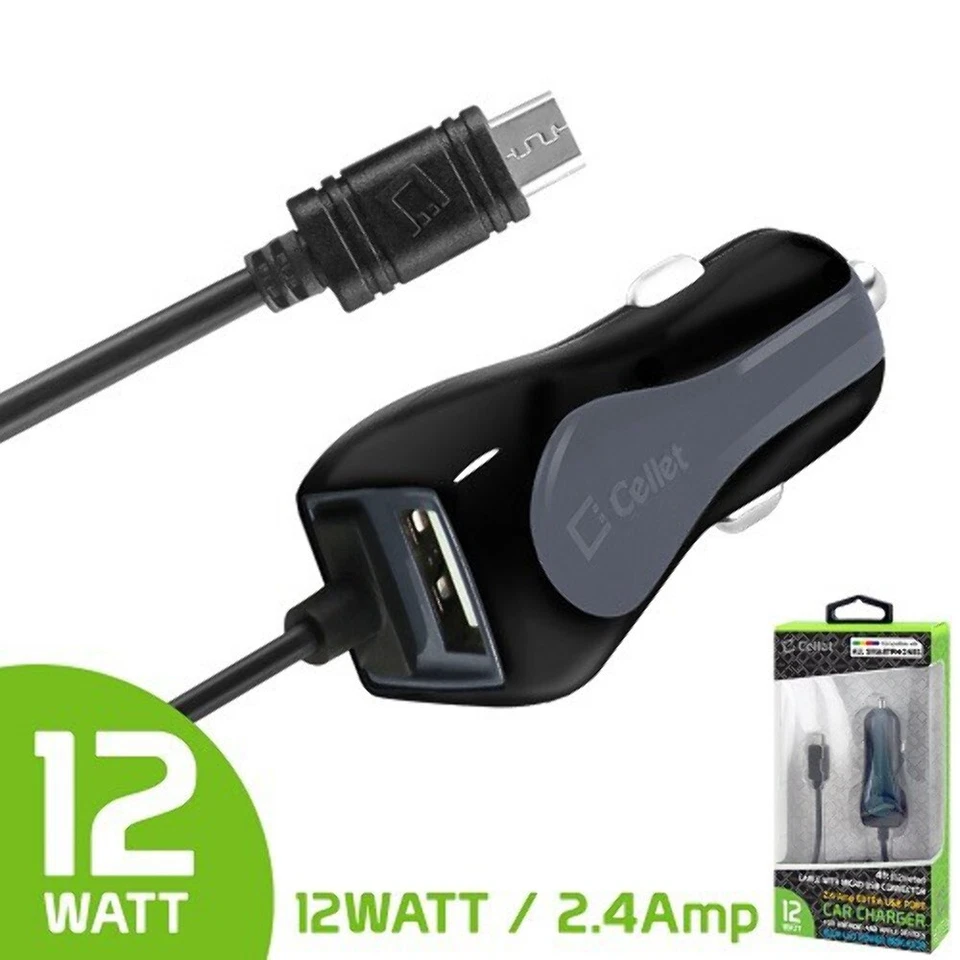Cellet High Powered 2.4A/12W Micro USB Car Charger with Extra USB Port and 4ft L - Image 1 of 1