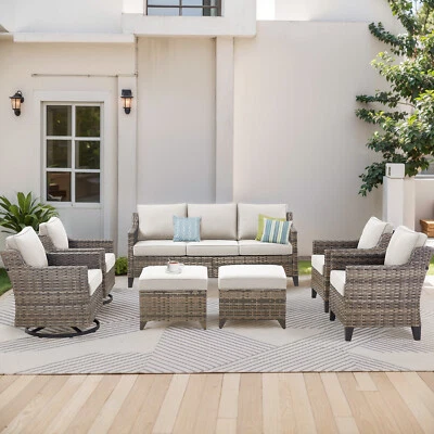 Juego de muebles de patio de exterior de 7 piezas sofá mesa seccional de mimbre de ratán beige cojín Foto 1 de 4