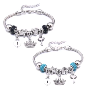 Silver Lock Heart & Key Princess Charm Bracelet Jewellery Crystal Bead Girls - Picture 1 of 5