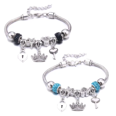 Silver Lock Heart & Key Princess Charm Bracelet Jewellery Crystal Bead Girls - Image 1 of 3