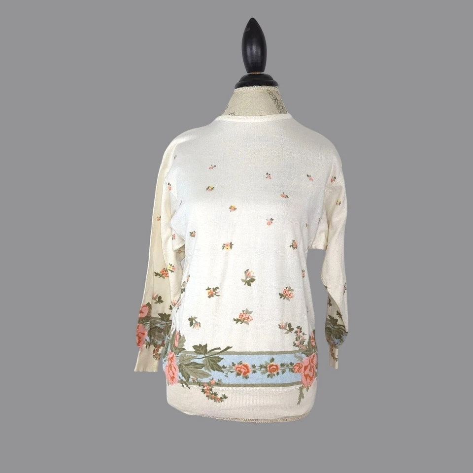 Vintage Mondi Sweater Small White Knit Floral - Image 1 of 4