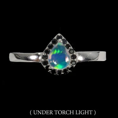 925 Anello Argento Sterling Pera Opale di Fuoco 5x3mm Nero Spinello Gemma Misura - Immagine 1 di 4