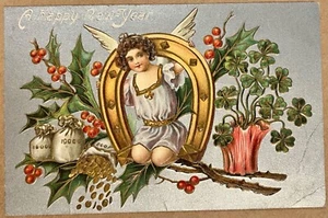 New Year Angel Lucky Horse Shoe Bags of Gold Embossed Antique Postcard c1910 - Picture 1 of 8