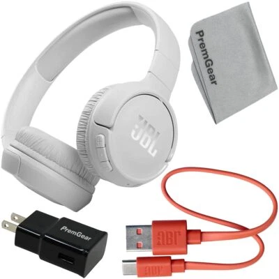 Auriculares intrauditivos inalámbricos JBL Tune 510BT, blancos + cable de carga, adaptador de pared Foto 1 de 4