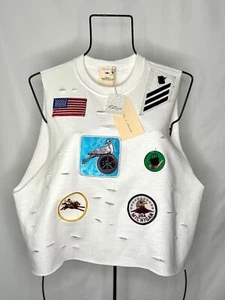 Free People X Tricia Fix Cropped White Tank Patches Flag Horse Cutoff NWT RARE! - Picture 1 of 6