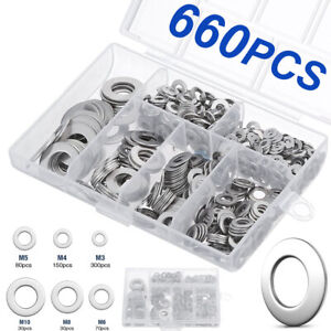 660 Pieces of 304 Stainless Steel Washers Flat Washer Assortment Set Kit 6 Sizes