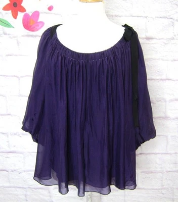 Diane von Furstenberg Terra 真丝蝴蝶结圆领农民袖衬衫,尺寸 12 — 第 1/4 张图片