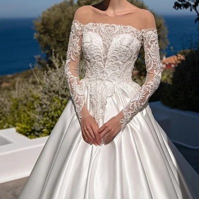 Satin Wedding Dresses With Jacket Strapless Embroidery Chapel Train Bride Gowns - Image 1 of 4