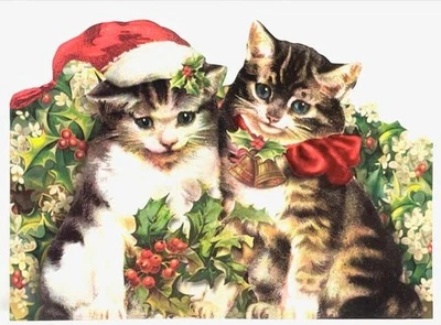 Merry & Bright Kitties VINTAGE STYLE Christmas Card PUNCH STUDIO Kittens Cats - Image 1 of 2