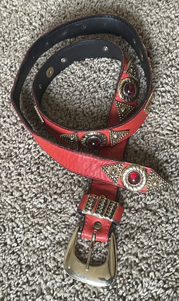 Leatherock Red Leather Belt Embellished Studded Gold  display picture 3