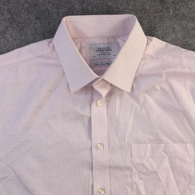 Charles Tyrwhitt Dress Shirt 17 Short Sleeve Pink Check Non Iron Slim Fit Point - Image 1 of 4